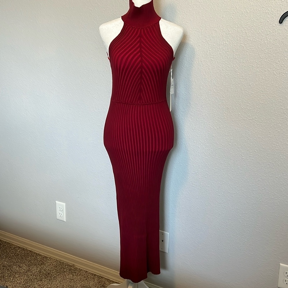 Good American Angle Rib Mock Halter Midi Dress Team Cardinal Red NWT